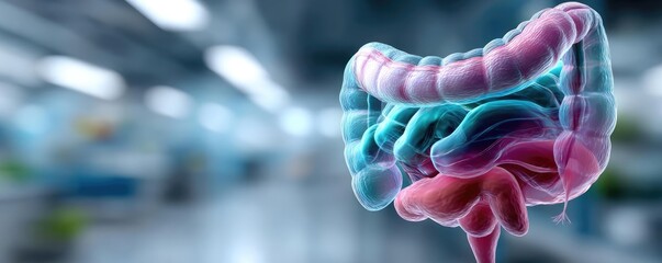 Digestive health care including risk, healing and medicine concept. 3D illustration of human gut anatomy in a laboratory setting.