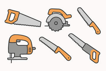 Obraz premium Vector Saw Collection: A set of various saw, including hand saws, circular saws, and a jigsaw, isolated on a white background, ideal for DIY, carpentry.