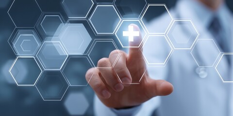 Innovative healthcare technology: doctor interacting with digital interface for medical solutions