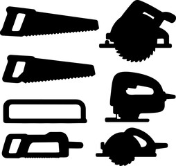 Saw Silhouettes Collection: A set of various saw silhouettes, including hand saws, circular saws, and a jigsaw, isolated on a white background, ideal for DIY, carpentry.
