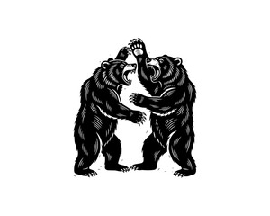 illustration of fighting of two grizzly bears in woodcut linocut engraving black ink print style 	