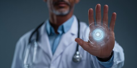 Futuristic medical technology with doctor using holographic interface for innovative healthcare solutions