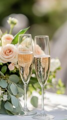 Elegant wedding bouquet with champagne glasses set in a serene outdoor venue during a sunny afternoon celebration