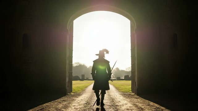 Silhouette of Swashbuckler Striding Through Ancient Stone Gate Towards Illumination
