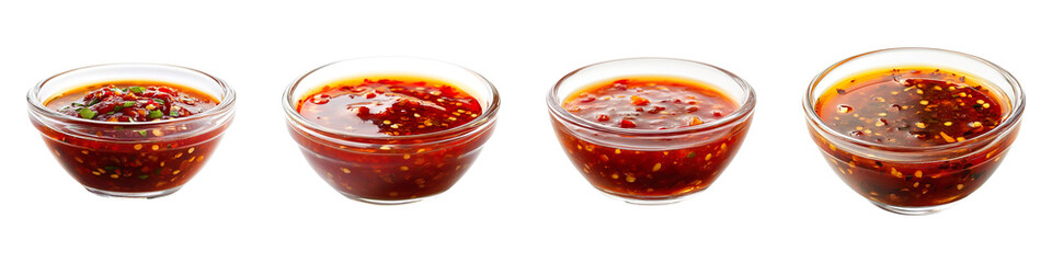 Collection of chili sauce in glass bowls, isolated on a transparent background