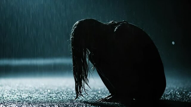 Solitary Figure Embraces Rain's Embrace: Evoking Despair and Deep Emotional Turmoil