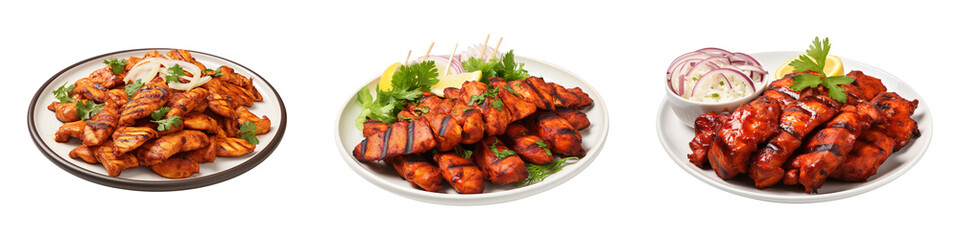 Fototapeta premium Collection of chicken tikka, isolated on a transparent background