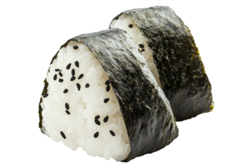 Japanese onigiri rice ball with black sesame seeds and nori seaweed wrap, isolated on white transparent background, showcasing traditional Asian cuisine concept
