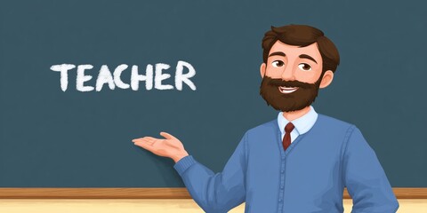 Happy teachers day celebration concept with teacher in blue sweater for posters and cards