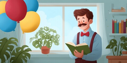 Happy teachers day celebration concept with smiling teacher in classroom reading a book