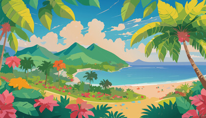 Minimalist Top-Down View Pattern of Tropical Elements in Vector Style