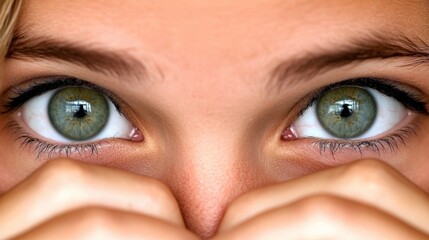 Obraz premium Close-up of a woman's face with striking green eyes and hands partially covering her nose