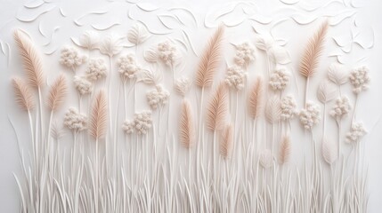 Raised white floral design with pampas grass and decorative elements on white background