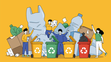 People Sorting Recycling Waste:  Colorful Illustration