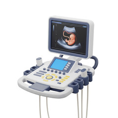 A detailed ultrasound machine displaying a baby scan, isolated on transparent background