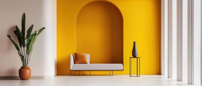 Modern living room with a bright yellow wall and a large arched doorway. the floor is made of light-colored wood and the walls are painted in a gradient of yellow and white.