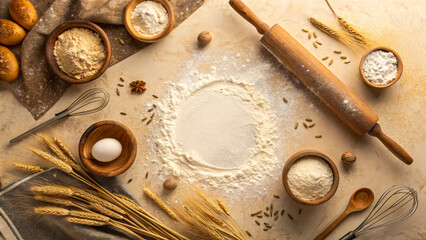 Baking background for signatures. Flour, wheat, eggs, rolling pins, baking supplies on a beige surface. For bakery advertisements, recipe blogs, cookbooks, menu design, packaging