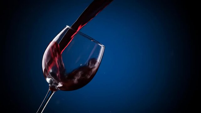 Pouring rich red wine from bottle into crystal glass on dark background. Dynamic flow and splashes. Wine tasting concept, wine enthusiasts and culinary experiences