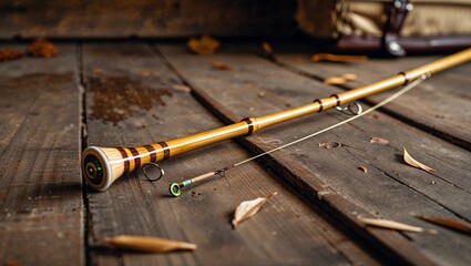 Classic bamboo fly rod on wood surface