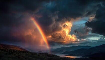 Rainbow Stormy Mountain Landscape.