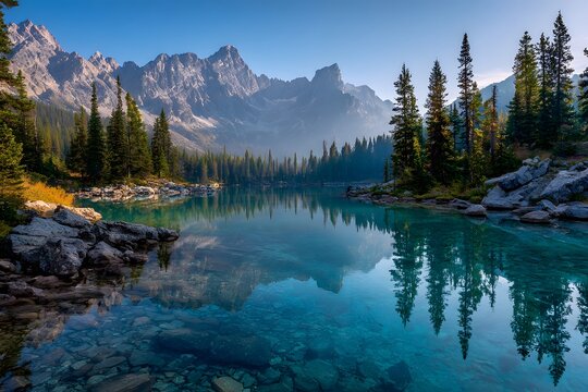 A crystal-clear alpine lake surrounded by snow-capped mountains - Powered by Adobe