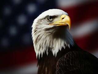 Obraz premium A majestic bald eagle against the backdrop of the American flag
