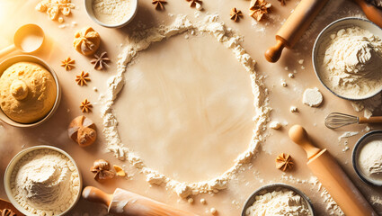 Baking background for signatures. Flour, wheat, eggs, rolling pins, baking supplies on a beige surface. For bakery advertisements, recipe blogs, cookbooks, menu design, packaging