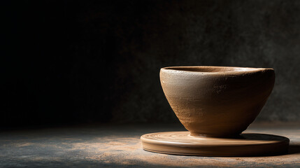 Clay bowl shaped on a pottery wheel. Useful for craft tutorials, artisan product promos, and ceramic workshop advertising.