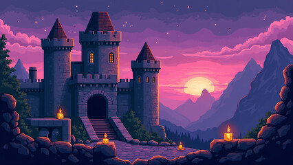 a pixel art scene in a 90s game style showing a medieval castle with crumbling stone platforms, moving spike traps, and floating candles. Background should have pixelated mountains and a purple dusk s