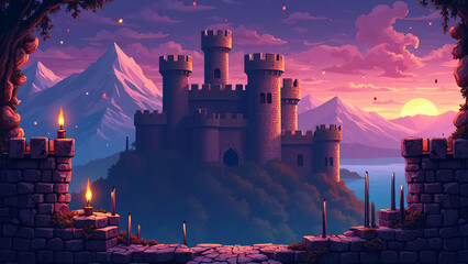 a pixel art scene in a 90s game style showing a medieval castle with crumbling stone platforms, moving spike traps, and floating candles. Background should have pixelated mountains and a purple dusk s