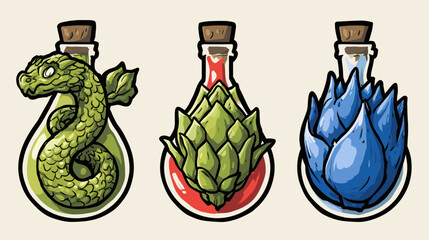 Colorful potion bottles featuring mythical creatures and plants in a whimsical fantasy art style