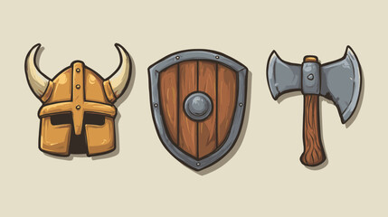 Viking helmet, shield, and axe displayed on a neutral background for historical and cultural representation