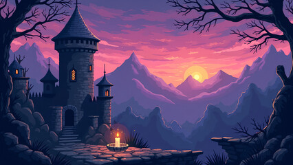 a pixel art scene in a 90s game style showing a medieval castle with crumbling stone platforms, moving spike traps, and floating candles. Background should have pixelated mountains and a purple dusk s