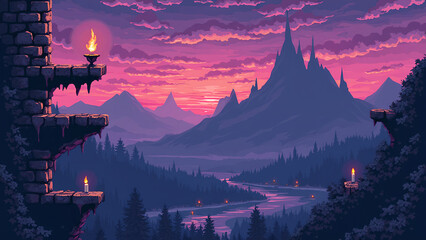 a pixel art scene in a 90s game style showing a medieval castle with crumbling stone platforms, moving spike traps, and floating candles. Background should have pixelated mountains and a purple dusk s