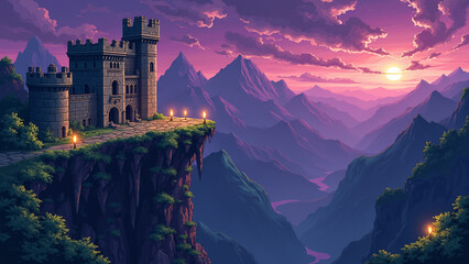 a pixel art scene in a 90s game style showing a medieval castle with crumbling stone platforms, moving spike traps, and floating candles. Background should have pixelated mountains and a purple dusk s