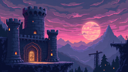 a pixel art scene in a 90s game style showing a medieval castle with crumbling stone platforms, moving spike traps, and floating candles. Background should have pixelated mountains and a purple dusk s