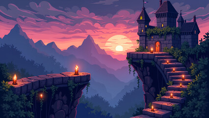 a pixel art scene in a 90s game style showing a medieval castle with crumbling stone platforms, moving spike traps, and floating candles. Background should have pixelated mountains and a purple dusk s