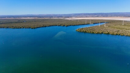 Garden Island, North Adelaide, South Australia: Aerial Drone Image Featuring Mangrove Wetlands, Port River Estuary, Dolphin Sanctuary, Kayaking Trails, Coastal Inlets, Yacht Club and Boats