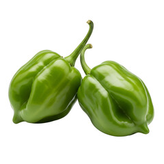 Two vibrant green habanero peppers, isolated on transparent background, showcasing their unique shape and fresh stems