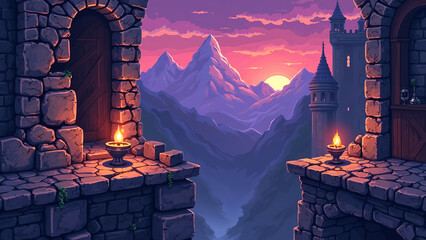 a pixel art scene in a 90s game style showing a medieval castle with crumbling stone platforms, moving spike traps, and floating candles. Background should have pixelated mountains and a purple dusk s
