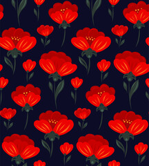 Vector decorative pattern with red poppies in a row on dark blue background. Floral texture in folk art style for fabrics, wallpapers and wallpaper.