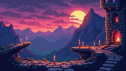a pixel art scene in a 90s game style showing a medieval castle with crumbling stone platforms, moving spike traps, and floating candles. Background should have pixelated mountains and a purple dusk s