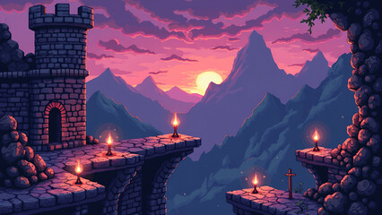 a pixel art scene in a 90s game style showing a medieval castle with crumbling stone platforms, moving spike traps, and floating candles. Background should have pixelated mountains and a purple dusk s