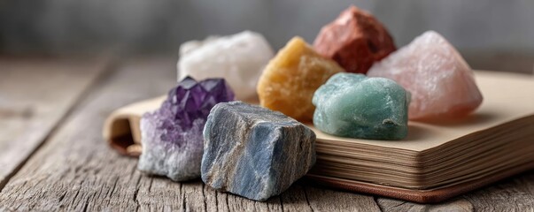 Money stress relief for wealth and simplicity focus concept. A collection of colorful gemstones on a wooden surface.