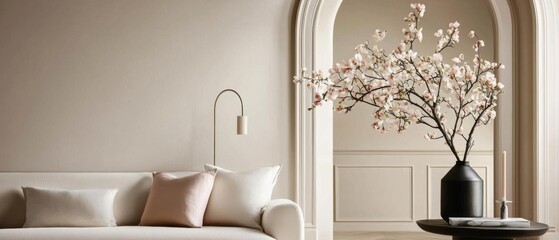 Modern living room with a beige sofa and a black side table. on the side table, there is a black vase with a branch of pink cherry blossom flowers in it.