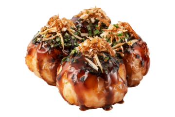 Japanese takoyaki ball topped with thick sauce, green onions, and bonito flakes, isolated on white transparent background, concept of street food