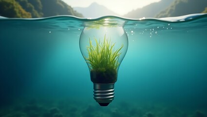 A surreal lightbulb submerged in clear blue water, showcasing vibrant green grass inside, symbolizing eco-friendliness and innovation.