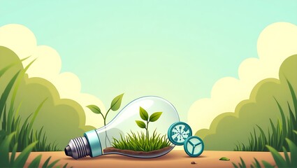 Fototapeta premium A concept of sustainability, featuring a broken light bulb with green plants growing from it, symbolizing eco-friendliness and innovation.