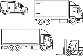 Delivery vehicles line art illustration set van truck forklift © vector Art