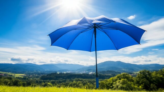 The idea of a storm and heavy rain is juxtaposed with a vintage umbrella that reveals a blue sky and a shining sun